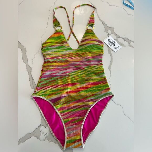 Becca by Rebecca Virtue Stripe Metallic Print Ring One Piece - Picture 2 of 12